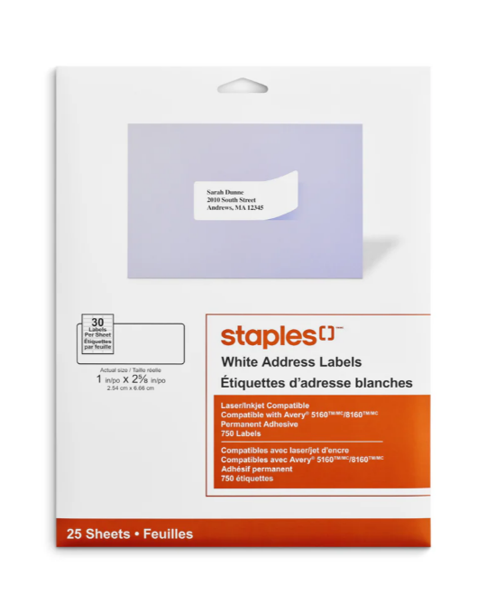 NEW Staples White Mailing Labels for Inkjet/Laser Printers 1" x 25