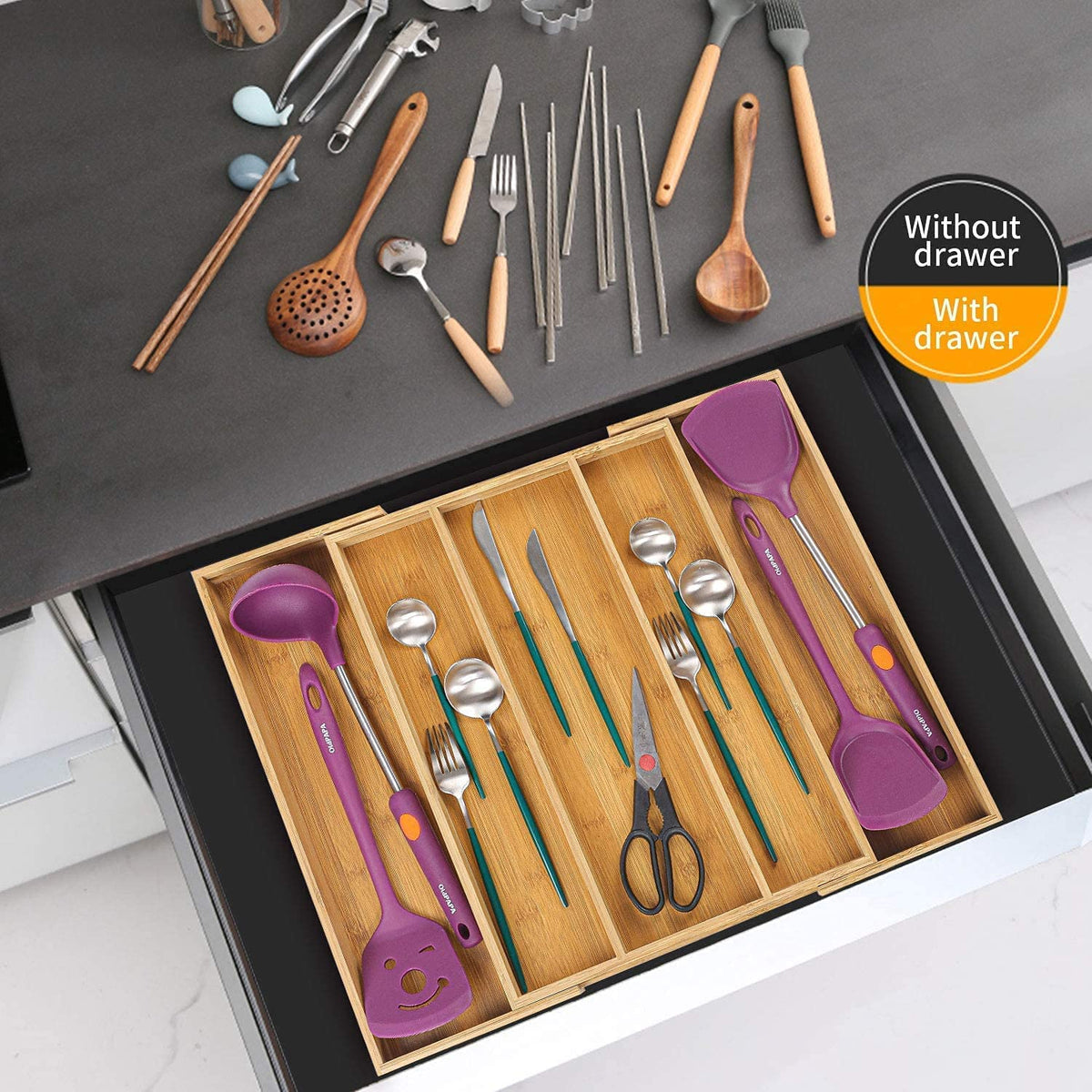 New Utoplike Bamboo Expandable Kitchen Drawer Organizer, Adjustable Ut ...