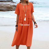 NEW Retails $65, Cotton Linen Dress Loose Solid Color Short Sleeve Maxi Dress Women Mothers Day Dresses with Pocket, Orange, Fits M/L