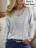 NEW Contrast Lace Crew Neck T-shirt, Casual Long Sleeve Top For Spring & Fall, Women's Clothing, Tag Says 5X, Fits 1X-3X, Dark Grey