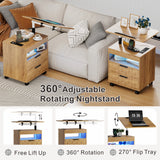 NEW Assembled Multi-purpose Smart Modern Nightstand End Table with LED & Adjustable Height, 2-Drawer Rolling with swivel top, Charging Station, Wood