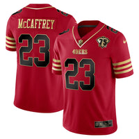NEW Men's 49ers 75th Anniversary Patch Vapor Black Red Gold Limited - All Stitched McCaffrey replica jersey, Sz L, Retails $145