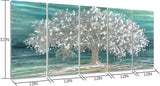 NEW Retails $603, RICHSPACE ARTS Tree of Life Metal 32"X64" Wall Art Teal Blue Wall Sculpture Accent 3d Art Nature Theme Abstract Ornament For Home and Kitchen Set of 5 Panels
