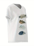 NEW Feather Print V Neck T-shirt, Casual Short Sleeve Top For Spring & Summer, Women's Clothing - Size XXL