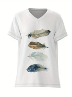 NEW Feather Print V Neck T-shirt, Casual Short Sleeve Top For Spring & Summer, Women's Clothing - Size XXL