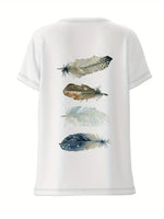 NEW Feather Print V Neck T-shirt, Casual Short Sleeve Top For Spring & Summer, Women's Clothing - Size XXL