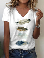 NEW Feather Print V Neck T-shirt, Casual Short Sleeve Top For Spring & Summer, Women's Clothing - Size XXL