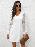 NEW SHEIN Clasi White Lace Splice V-Neck Dress, Size XL