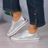 NEW Women 2024 New Arrival Silver Chunky Sneakers With Rhinestones, Platform Sole, Patent Leather, Hand Stitched Rubber Sole, Lace-Up Closure, Round Toe, Comfortable And Durable, Sz 11