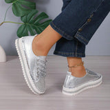 NEW Women 2024 New Arrival Silver Chunky Sneakers With Rhinestones, Platform Sole, Patent Leather, Hand Stitched Rubber Sole, Lace-Up Closure, Round Toe, Comfortable And Durable, Sz 11
