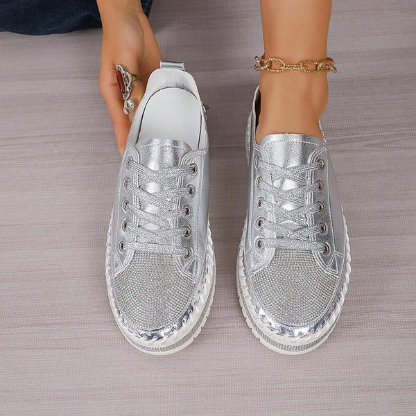 NEW Women 2024 New Arrival Silver Chunky Sneakers With Rhinestones, Platform Sole, Patent Leather, Hand Stitched Rubber Sole, Lace-Up Closure, Round Toe, Comfortable And Durable, Sz 11