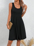 NEW Stylish Solid Color Crew Neck Tank Dress - Women's Casual Sleeveless Ruched Pockets Dress for Spring & Summer - Comfortable, Breathable, Easy to Wear, Black, Sz XL