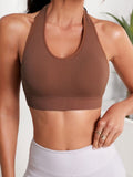 NEW Litthing Backless Sports Bra Women Halter Neck Seamless Bralette Middle Impact Support Padded Bras Comfort Wireless Gym Tank Tops Yoga Workout Sexy Crop Top, Brown, Sz M