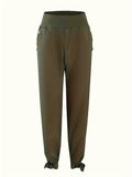 NEW Solid Button Decor Knot Pants, Casual Elastic Waist Slant Pockets Loose Pants, Women's Clothing, Green, Sz M