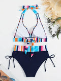 NEW Women's Striped Halter Neck Bikini Set, Polyester 82% Spandex 18% Knit Fabric, High Stretch Side Laced Bottom Swimwear, Sleeveless Lace-up Swimming Bathing Suit, Sz XL