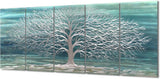 NEW Retails $276, Yihui Arts Large Metal 24"x64" Wall Art Handcrafted Aesthetic Tree Picture on Aluminum 5 Panels Teal and Silver Abstract Landscape Artwork for Living Room Bedroom Dining Decor
