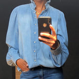 NEW Retails $105+ Bovuf Unique Plain Long Sleeve Lightweight Denim Top, Blue, Sz L