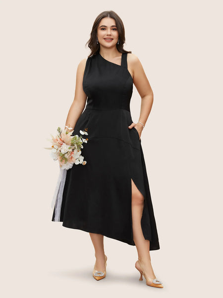 NEW Women's Bloomchic Solid Asymmetrical Neck Split Hem Dress Black, Satin Like Material, Sz 12