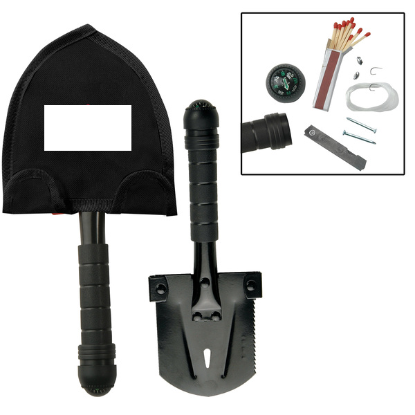 8-in-1 Hiker's Shovel! Functions as a shovel, hatchet, saw, hammer, wrench, nail puller, bottle opener and compass
