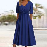 NEW Bovuf Blue Plain V-Neck Midi Dress, Sz M, Blue! Retails $95