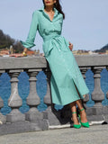 NEW Green Plaid Print Midi Dress, Elegant Button Front Long Sleeve Dress, Women's Clothing, Sz L, Retails $75