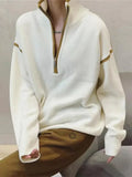 NEW Women's Off White Long Sleeve Half Zip Sweater lots of stretch to fabric, great for all seasons, Size L, Retails $71