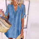 NEW Chambray V-Neck Button Front Split Sleeve Mini Dress, Sz S, Retails $115