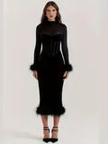 NEW Faux Fur Trim Corset Fit Dress, Stylish Bustier Semi-sheer Mock Neck Long Sleeve Dress, Women's Clothing, Sz S, Retails $50