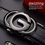 NEW Mens Leather Belt GG Belt New Automatic Click Metal Buckle Crocodile Pattern Belt Men's Luxury Leather Black w/ Silver Buckle, belt length 37 inches
