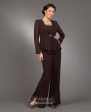NEW Retails $82+ 2 Piece Dark Brown Elegant Mother of The Bride Pant Suit with side slits and Chiffon Lightweight Long Sleeve Jacket, Sz XL