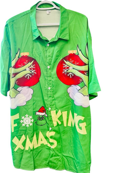 NEW Unisex Button up Grinch Short Sleeve Top Sz 4X, 100% Polyester