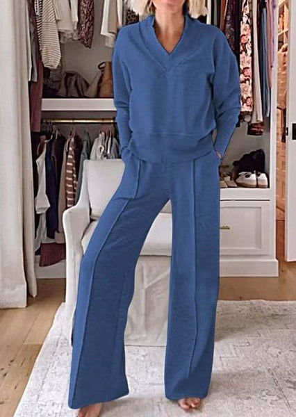 New Women's Solid Color V-Neck Top & Pants Two-Piece Set Women's 2 Piece Long Sleeve Knit Wide Leg Pants Lounge Travel Set Blue, Sz L