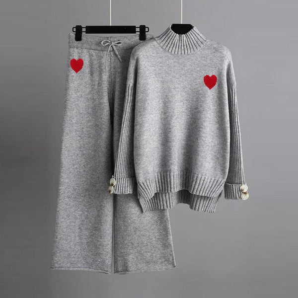 NEW Vyjak Women’s 2 Piece Knit Loose Fit Lounge Set Grey Heart SZ L