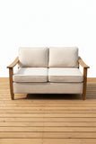 Retails $899+ New Indoor/Outdoor Eucalyptus Wood Loveseat, Beige Cushions, Wood & Metal Frame