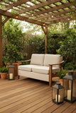 Retails $899+ New Indoor/Outdoor Eucalyptus Wood Loveseat, Beige Cushions, Wood & Metal Frame