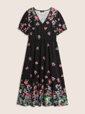 NEW Bloomchic Boho Print V Neck Elastic Waist Dress Black Sz 10