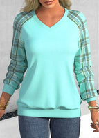 NEW ROTITA Plus Size Patchwork Cyan Plaid V Neck Sweatshirt - Size XL