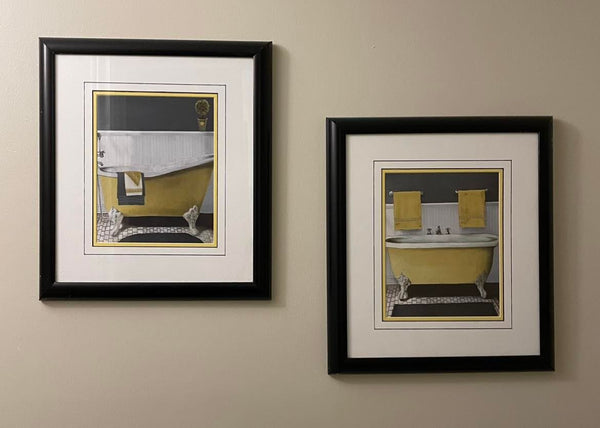 2 Bath Decor Pictures In Black Wooden Frames 19" X 15" Each, Home Stager Lot