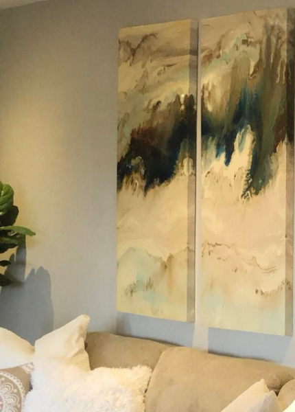 2 Large Epoxy-like Abstract Canvas Wall Hangings - Each Panel Measures 19" Wide X 50" High, Home Stager Lot