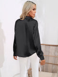 NEW Solid Lapel Blouse, Elegant Button Front Satin Long Sleeve Blouse, Women's Clothing, Sz XL, Black! Retails $60