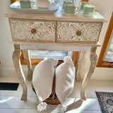 NEW Assembled 43 inch Tall Ophelia & Co. Martyn 2 Drawer Mango Wood Console Table with Floral Carved Front, Brown and White, Retails $323+