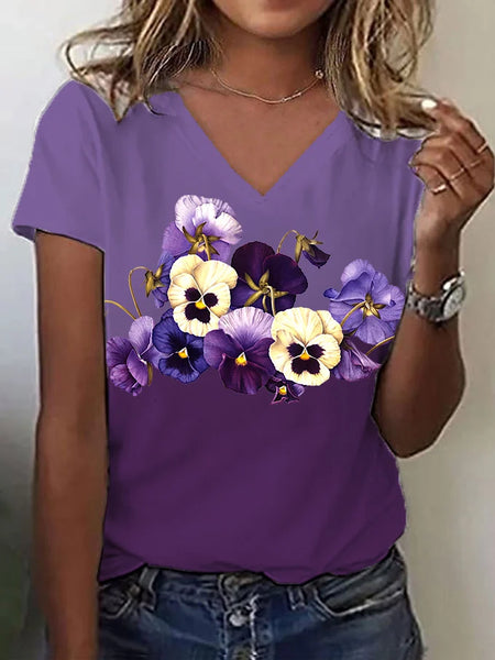 NEW Women's Purple Floral Print V-Neck T-Shirt, Sz M, Retails $52