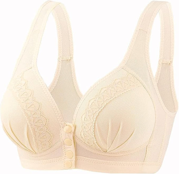 NEW Wire Free Full Coverage Front Closure Snap Button Lace Sexy Bralette Everyday Bra in Skin Colour, Sz 42
