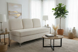 Retails $499+ New Upholstered Off White Corduroy 3 Seater Armless Sofa with Pillow Back and Metal Legs, this was part of a larger set, other boxes did not arrive. NOTE: small tear in fabric middle front, we have sewn it.