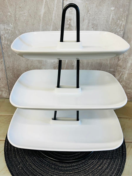 3 Tier Ceramic Serving Tray with Metal Base! Has 1 small chip on bottom tray, home stager lot!