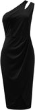 NEW Women's Sexy One Shoulder Dress Sexy Hollow Out Sleeveless Ruched Wrap Classic Midi Club Party Dress, Black, Sz XXL