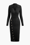 NEW Micas V-neck Rib Knit Collar Button Long Sleeve Midi Dress with stretch, Black, Sz L