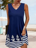 NEW Retails $55 Sz L Bovuf Anchor Print V Neck Tank Dress, Casual Sleeveless Dress For Spring & Summer, Women's Clothing