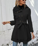 NEW Women Swing Double Breasted Wool Pea Coat Belt Slim Thick Wool Faux Fur Lapel Mid-Long Winter Outwear Trench, Black, Sz XS