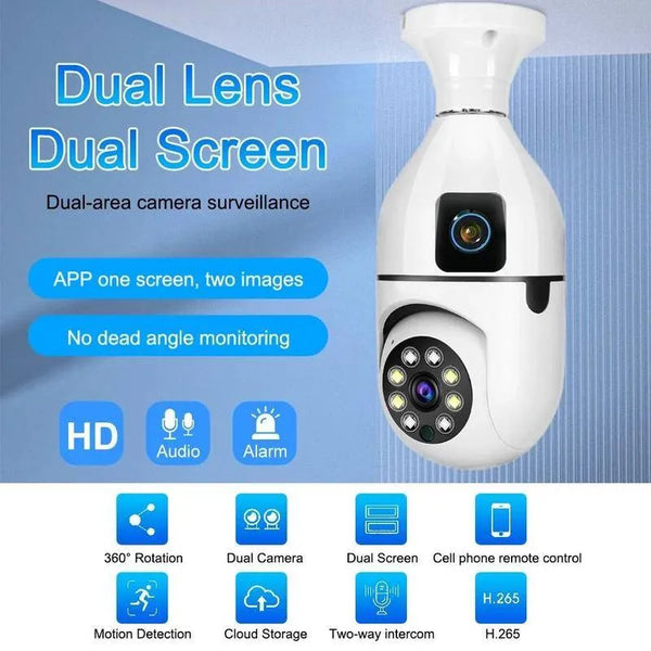 NEW V380 1080P WIFI Dual Lens Bulb Camera Wireless PTZ IP Camera Video Night Vision Two Way Audio Indoor Network Video Surveillance (Memory Card not Included)